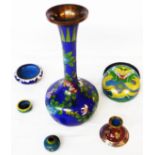 Six pieces of cloisonne including large vase, box and cover, candlestick, dishes, etc,