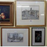 Two gilt framed late 20th Century mixed media paintings, depicting Scottish city street scenes -