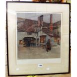 Cecil Aldin: a framed coloured print, depicting a male figure and a greyhound standing outside a