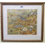 A modern framed tapestry panel, depicting Oriental buildings in a landscape, gilt thread detail