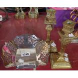 Two brass candlesticks and a silver plated Art Deco dish