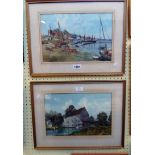 Victor Nash: a pair of gilt framed watercolours, one depicting beached fishing and other vessels
