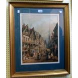 A gilt framed 19th Century watercolour, depicting figures and horse and cart in an urban street