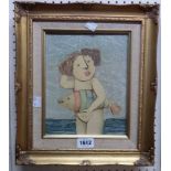 A 20th Century mixed media on canvas portrait of a girl on a beach holding a toy fish - indistinctly