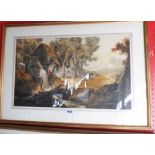 A gilt framed watercolour, depicting figures by a thatched cottage with leet and mill wheel in