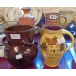 Four pieces of West Country pottery comprising Wesuma tyg vase, Wells Pottery jug, Watcombe