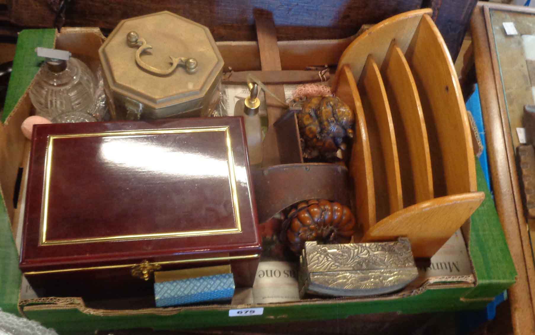 A box containing a quantity of various collectable items including a letter rack, stereoscope