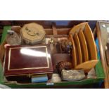 A box containing a quantity of various collectable items including a letter rack, stereoscope