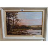 B.J. Fergre: a framed oil on board, depicting a landscape with pool in foreground and trees mid