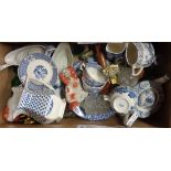 A box containing Mason's Old Chelsea teapot, blue and white pottery, etc.