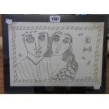 Vasudev: a clip framed ink line drawing of an Indian couple - signed and dated '90