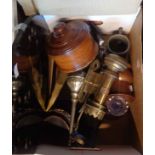 A box containing assorted items including modern GWR lamp, a pair of Trench Art shoes, pewter