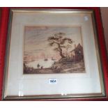A framed 19th Century watercolour, depicting figures fishing on the banks of a waterway with