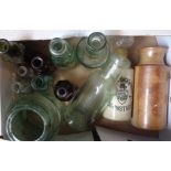A box containing assorted old bottles including Starkey, Knight & Ford of Barnstaple ginger beer