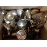 A box containing assorted silver plated goblets, etc.