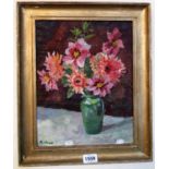 †R. Hill: a gilt framed oil on canvas still life of flowers in a green vase