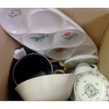 A box of assorted ceramic items including Crown Devon, 19th Century pearlware dishes, etc.