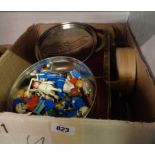 A box containing various vintage toys including Playmobile people, Matchbox and Corgi vehicles,