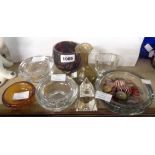 Assorted glassware including Whitefriars bubble pin dishes, small Orrefors cut sided vase,