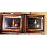 Kisse: Two modern decorative framed oils on hardboard both still lifes with brass vessels and fruits