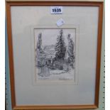 Peter Reddich: a framed ink drawing of a graveyard inscribed for Eric and Kate - signed and dated '