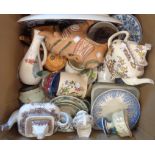 A box of assorted china including Mason's Ironstone teapots, Wood's Piazza ware, etc.