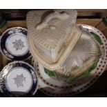 A box containing assorted ceramics including Victorian cheese dish, meat plates, etc.