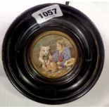 A framed Prattware pot lid, 'The Begging Dog'