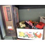Two boxes containing a collection of vintage wooden and plastic doll's house furniture