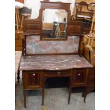 A 1.22m Edwardian mahogany and strung knee-hole washstand, the break bow front marble top and mirror