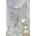 A Victorian Wrythen glass, two decanters, two scent bottles, assorted vases, etc.