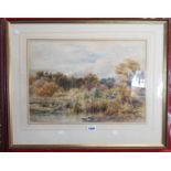 John Steeple: a framed watercolour, depicting fisherman, reeds and pool with cottage in background -