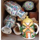 A box containing assorted ceramics including Cardew kitchen dresser teapot, Honiton jug, oriental
