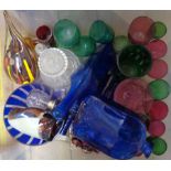 A box of assorted coloured and other glassware including cranberry, M'dina, etc.