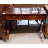 A 91cm 20th Century mahogany and strung sofa table with two frieze drawers, set on standard ends