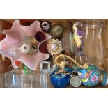 A box of assorted ceramic and collectable items including scent bottles, handkerchief vase,