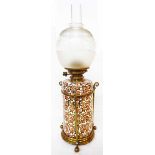 A J. Hinks & Son Aesthetic Movement ceramic and brass table oil lamp, the cylindrical body decorated