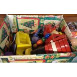 Three boxes containing vintage children's wooden toys including building blocks, train, etc. -