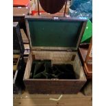 A 62cm antique iron bound oak silver chest with original fitted interior, the top marked Gen'l
