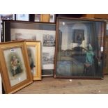 A pair of gilt framed coloured prints, depicting figures - sold with a Fore's sporting scraps