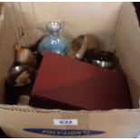 A box containing silver plated items, Wedgwood and King's Lynn paperweights, etc.