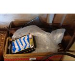 A box containing assorted items including old wool shuttles, glass biscuit barrel, etc.