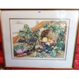 Rosemary Forster: a framed limited edition coloured print still life with various fruits and baskets