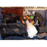 A crate containing assorted china and collectable items including Royal Doulton Biddy Pennyfarthing,