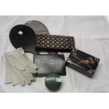 Two hand mirrors, an Indian made purse with wirework decoration, a leather wallet and a pair of