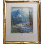 A decorative gilt framed watercolour, depicting figures on a mountain track with castle in distance