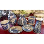 Seven items of blue and white pottery including Hancocks 'Brittania' ware vases, George Jones