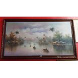 Jackson: a framed 20th Century oil on canvas, depicting an extensive Far Eastern river scene with