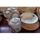 Two modern Chinese cane handled teapots, two moules bowls and a Portuguese marble style cheese
