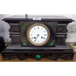 A late Victorian black slate and malachite cased mantle clock of pedestal form with Japy Freres gold
